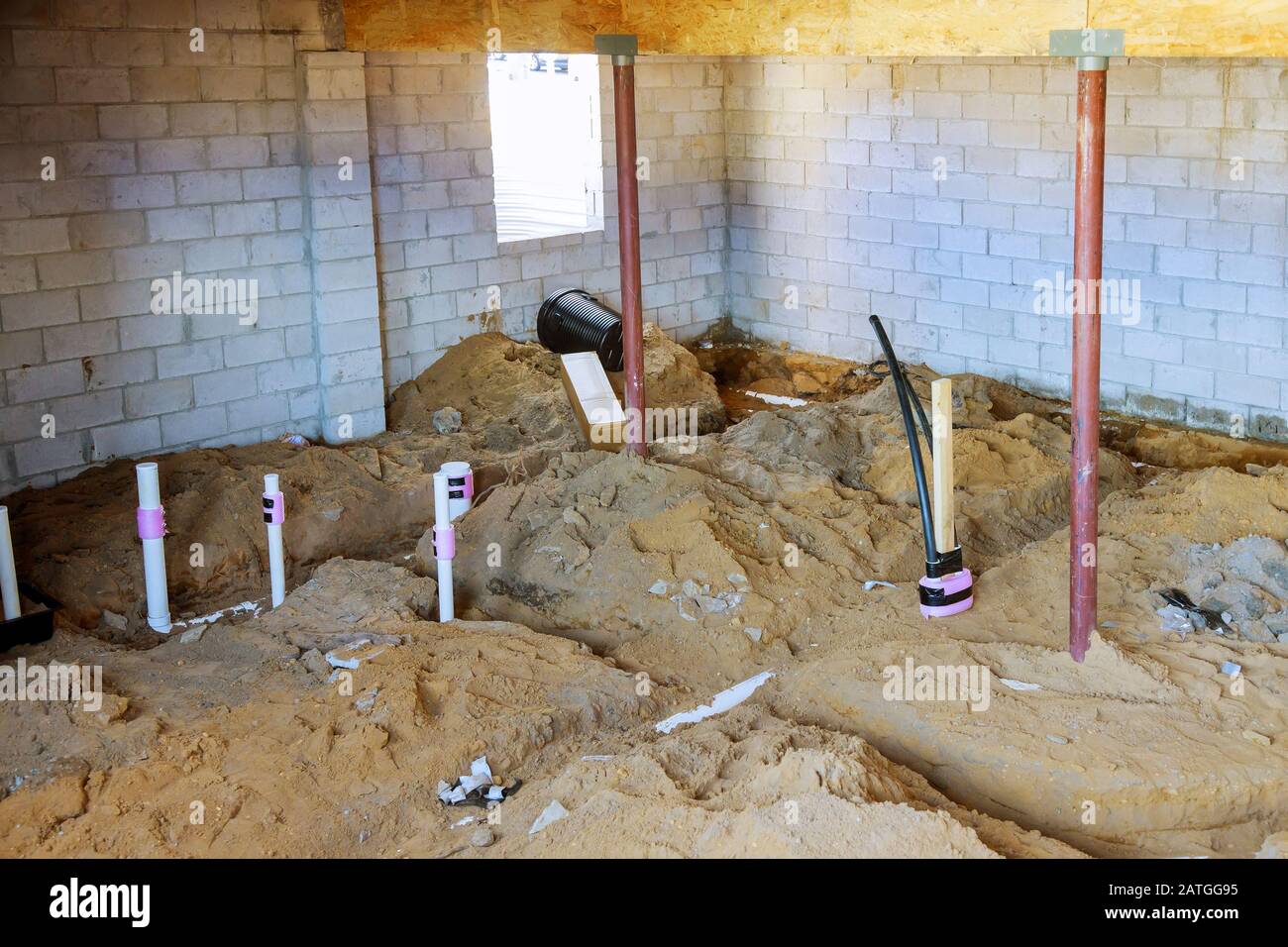 PVC drain pipes in a new house in basement assembling system of