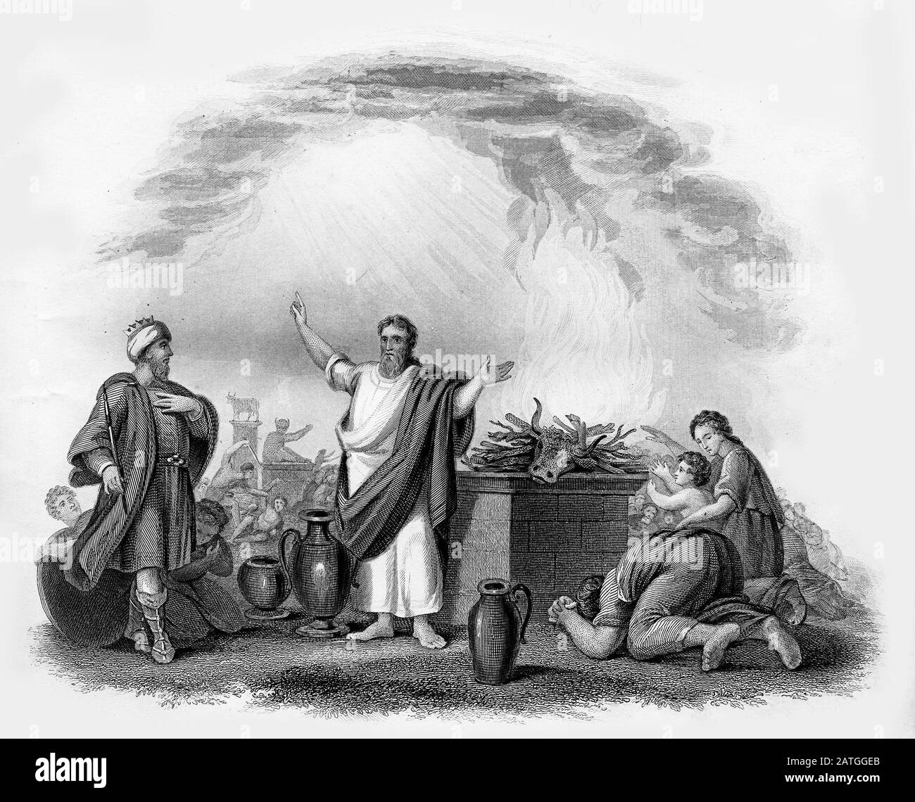 Engraving of the prophet Elijah defeating the prophets of Baal. King Ahab stands to the left while the proophets of Baal are executed in the background. From the title page of an edition of Josephus,  printed in the 1800s. Stock Photo