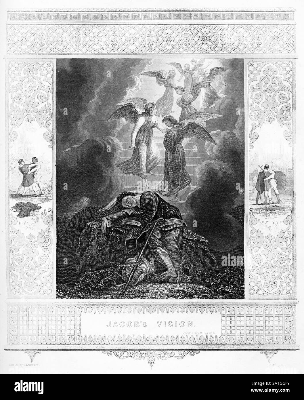 Engraving of Jacob's vision of a ladder reaching up to heaven. From an ...