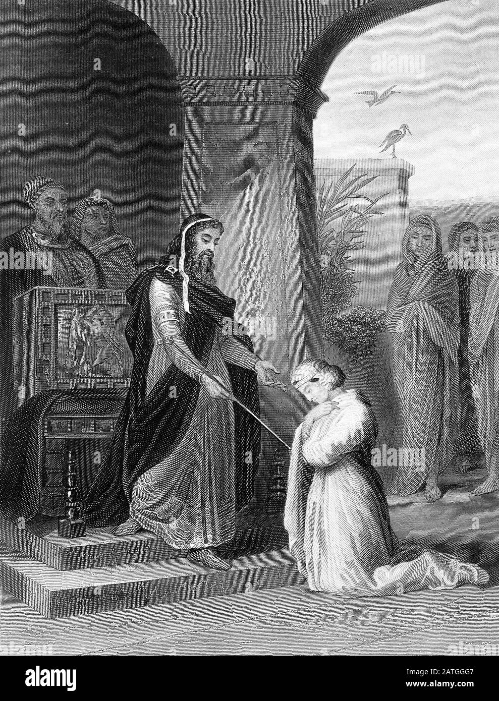 Engraving of Queen Esther before king Ahasuerus. From an edition of Josephus,  printed in the 1800s. Stock Photo
