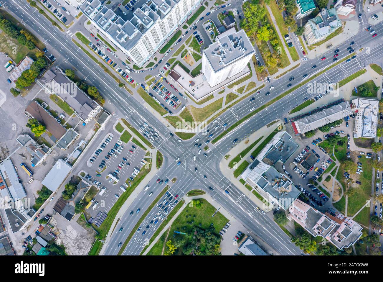 aerial top view of urban road intersection on a summer day. car traffic on city crossroad Stock Photo