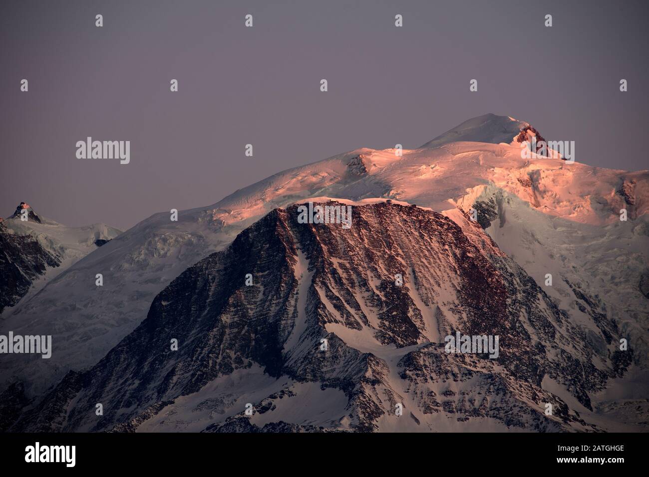 France, Haute-Savoie (74), Alps, Mont Blanc (4807) and Mont Maudit (4465 m) on sunset Stock Photo