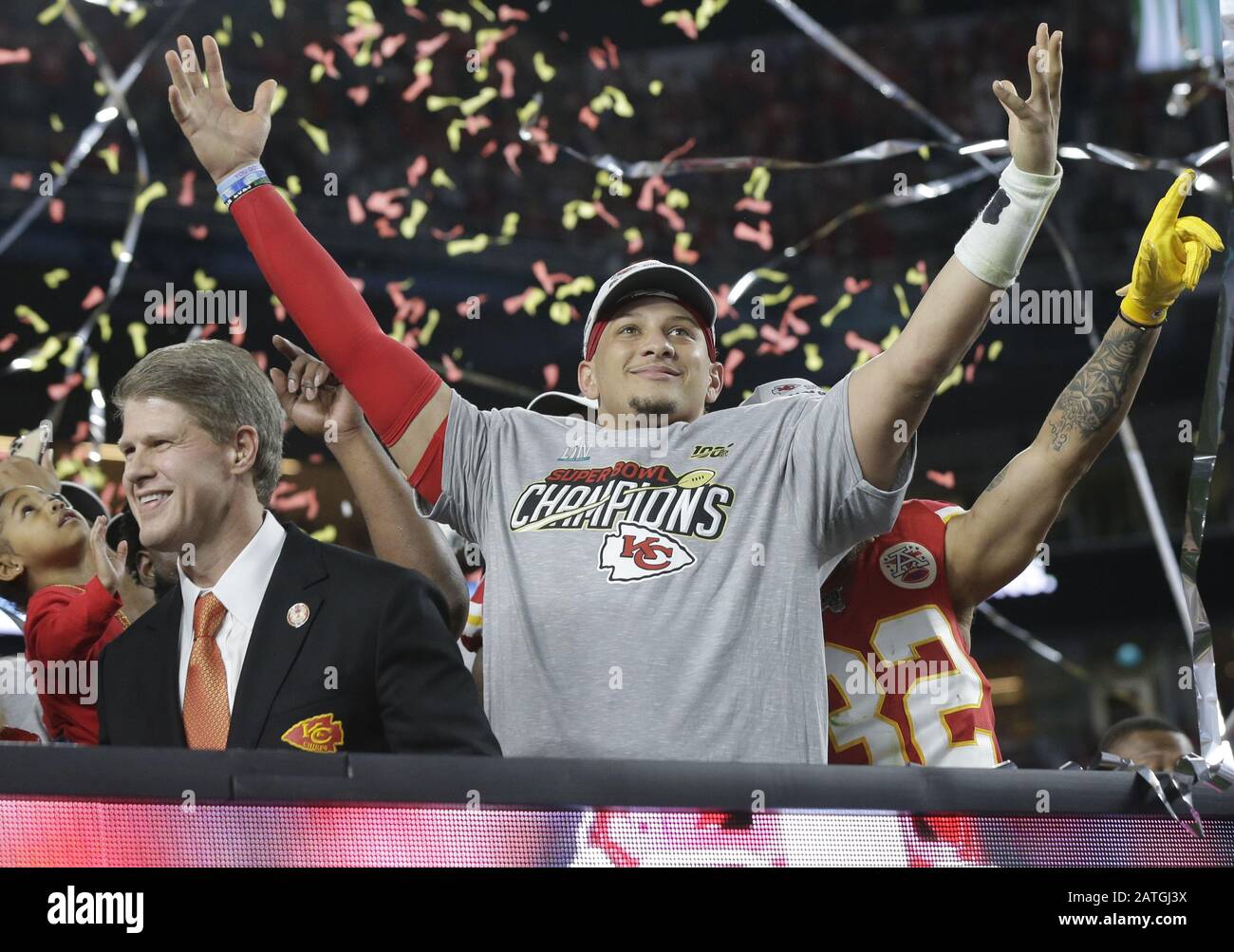 Miami, USA. 02nd Feb, 2020. Kansas City Chiefs quarterback and Super Bowl LIV MVP Patrick Mahomes celebrates defeating the San Francisco 49ers at the Hard Rock Stadium in Miami Gardens on Sunday, February 2, 2020. Kansas City defeats San Francisco 31-20 to win Super Bowl LIV. Photo by John Angelillo/UPI Credit: UPI/Alamy Live News Stock Photo