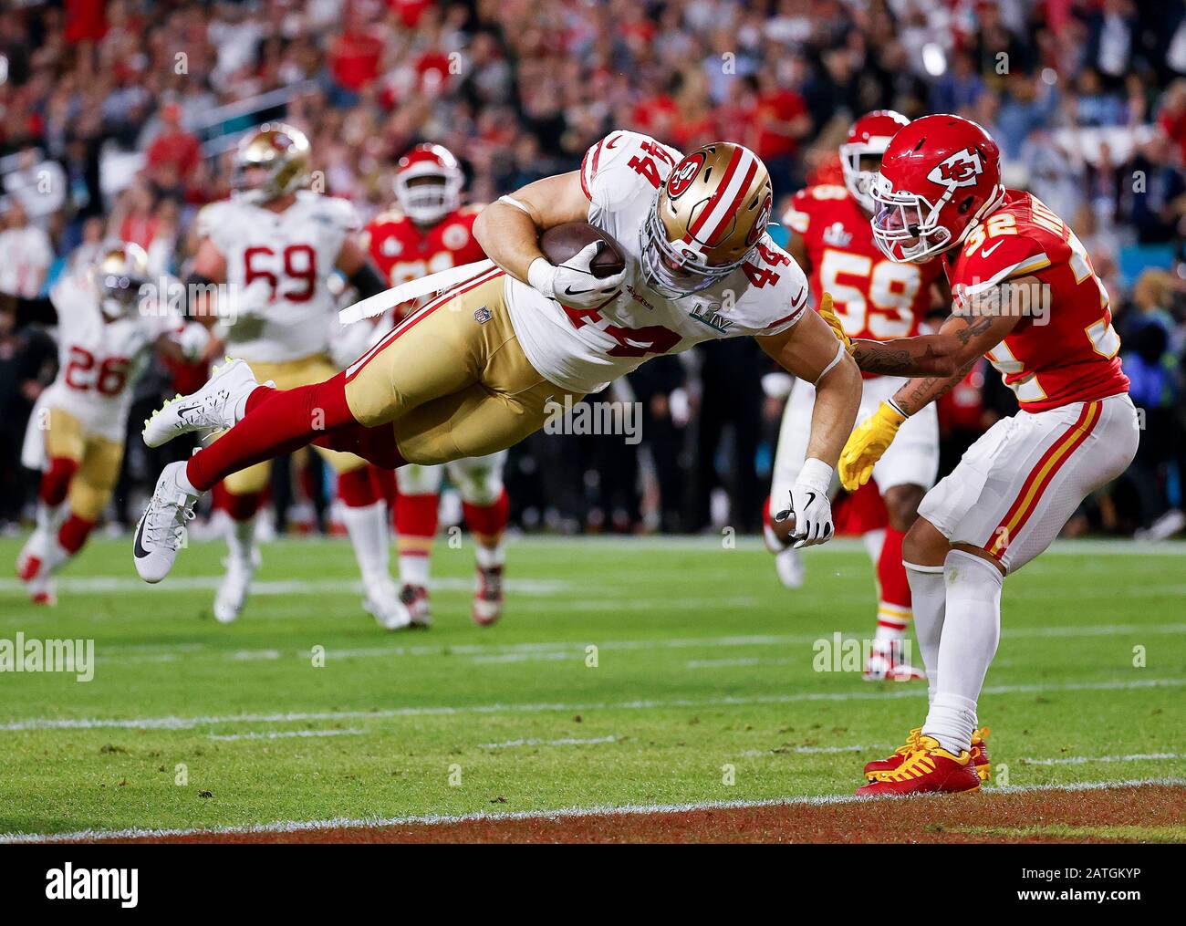 Miami Gardens, Florida, USA. 2nd Feb, 2020. San Francisco 49ers middle  linebacker Kwon Alexander (56) reacts after breaking up pass by Kansas City  Chiefs quarterback Patrick Mahomes (15) in the fourth quarter