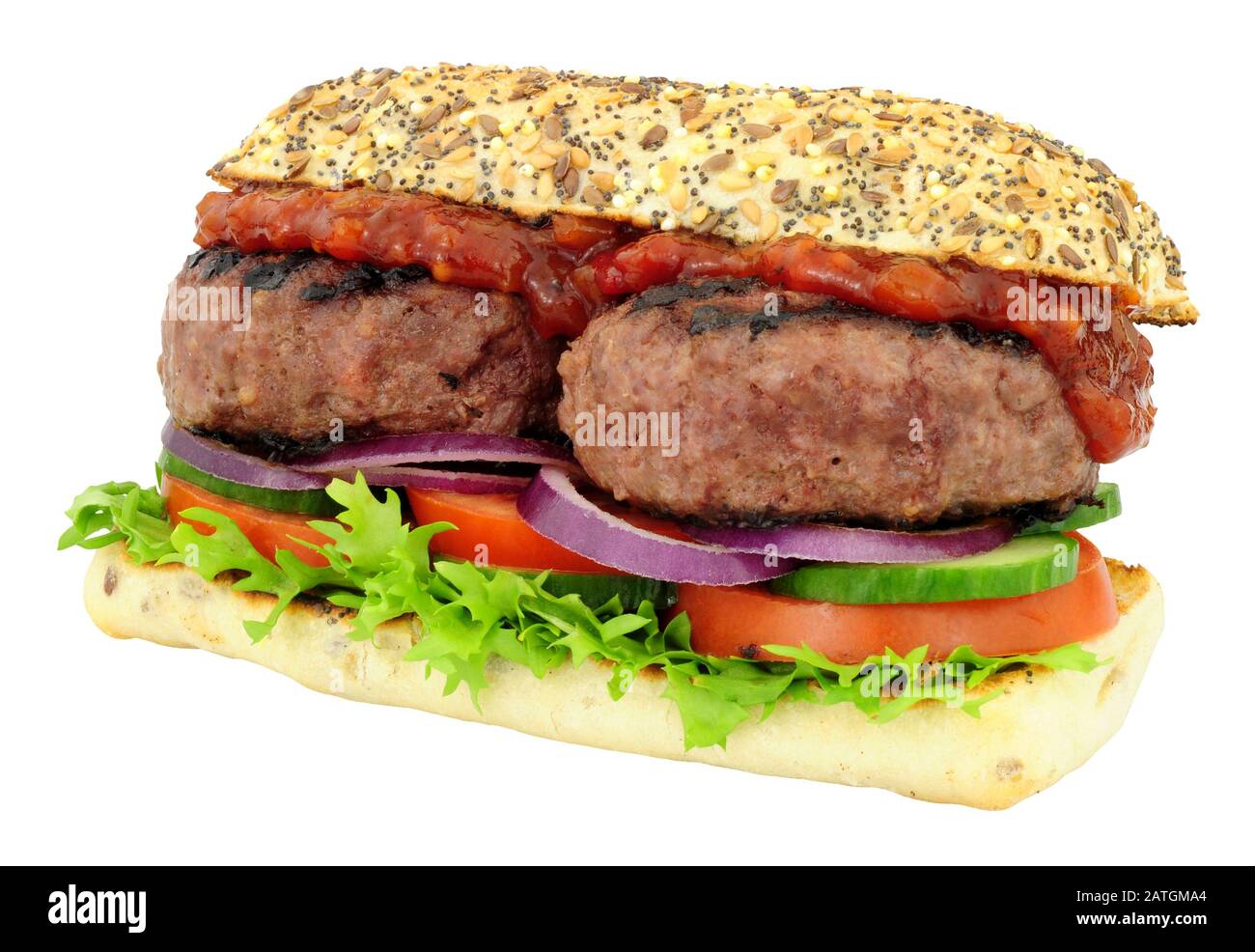 Double quarter pounder beefburger and salad sandwich isolated on a white background Stock Photo