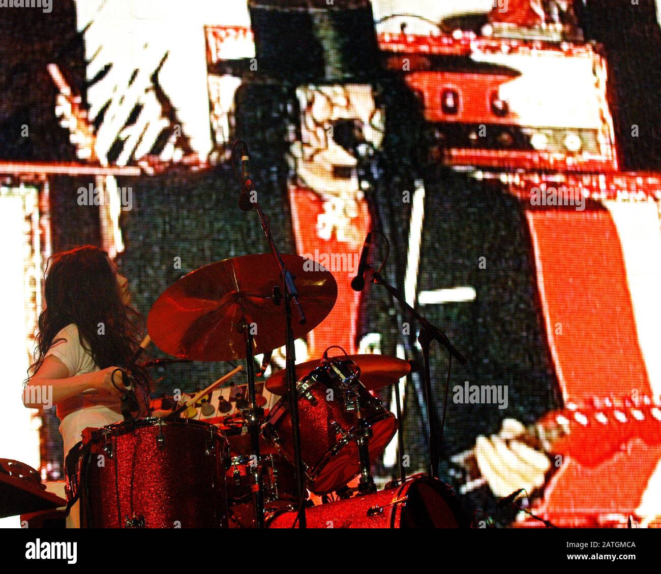 JUNE 10: Meg White and Jack White of The White Stripes open their Get Behind Me Satan Tour with a headlining performance on the first night of Atlanta's Music Midtown Festival on June 10, 2005. CREDIT: Chris McKay / MediaPunch Stock Photo