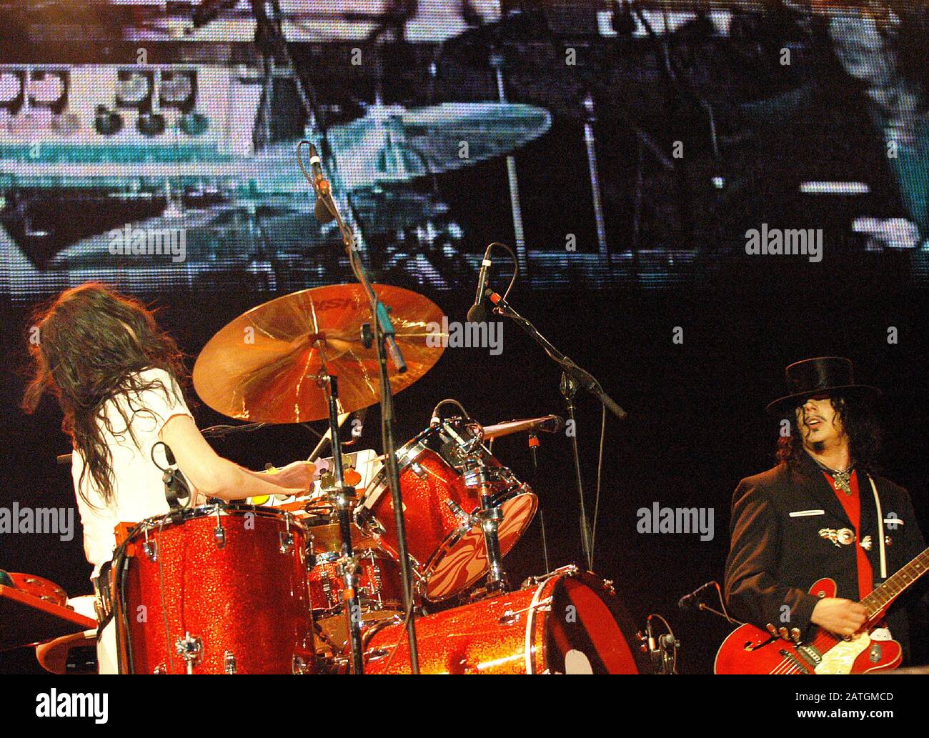JUNE 10: Meg White and Jack White of The White Stripes open their Get Behind Me Satan Tour with a headlining performance on the first night of Atlanta's Music Midtown Festival on June 10, 2005. CREDIT: Chris McKay / MediaPunch Stock Photo