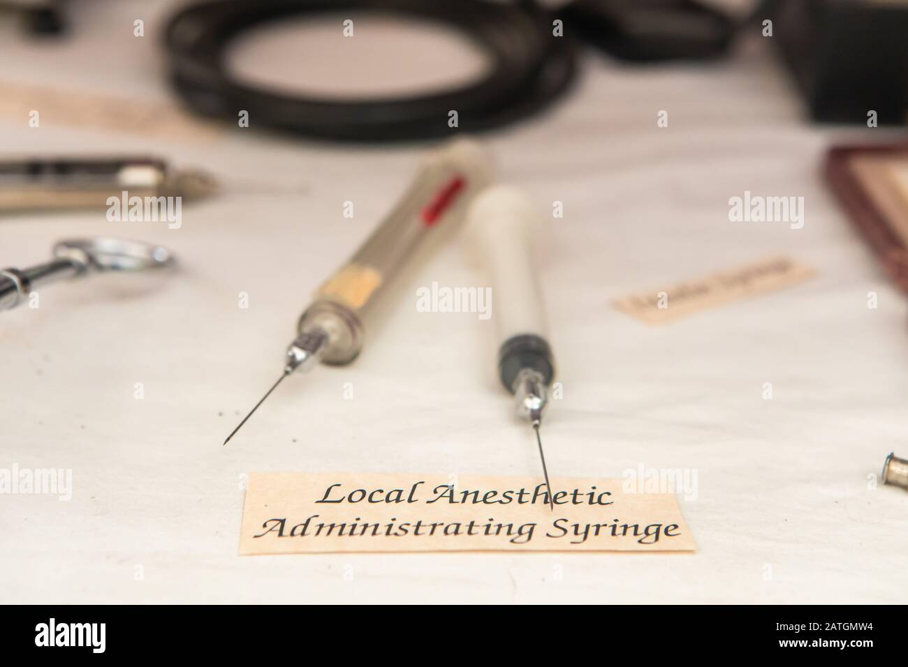 Close-up view of medical syringes. Selective focus. Old vintage syringes for local anesthesia in the museum, Kootenays, British Columbia, Canada Stock Photo