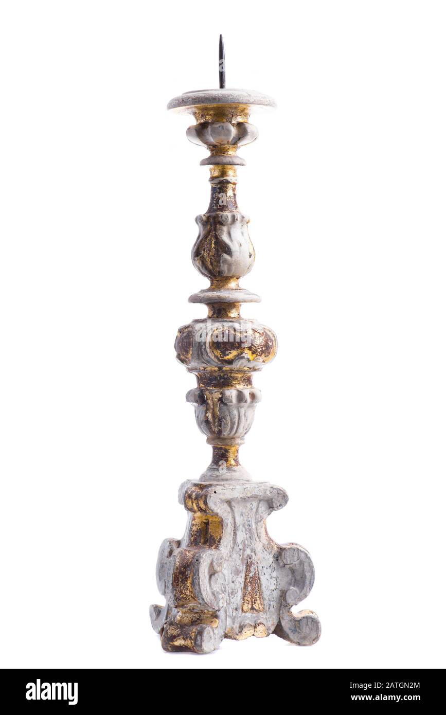 Antique Wooden Pricket Candlestick, Hand Carved, Gilded Italian Baroque Stock Photo