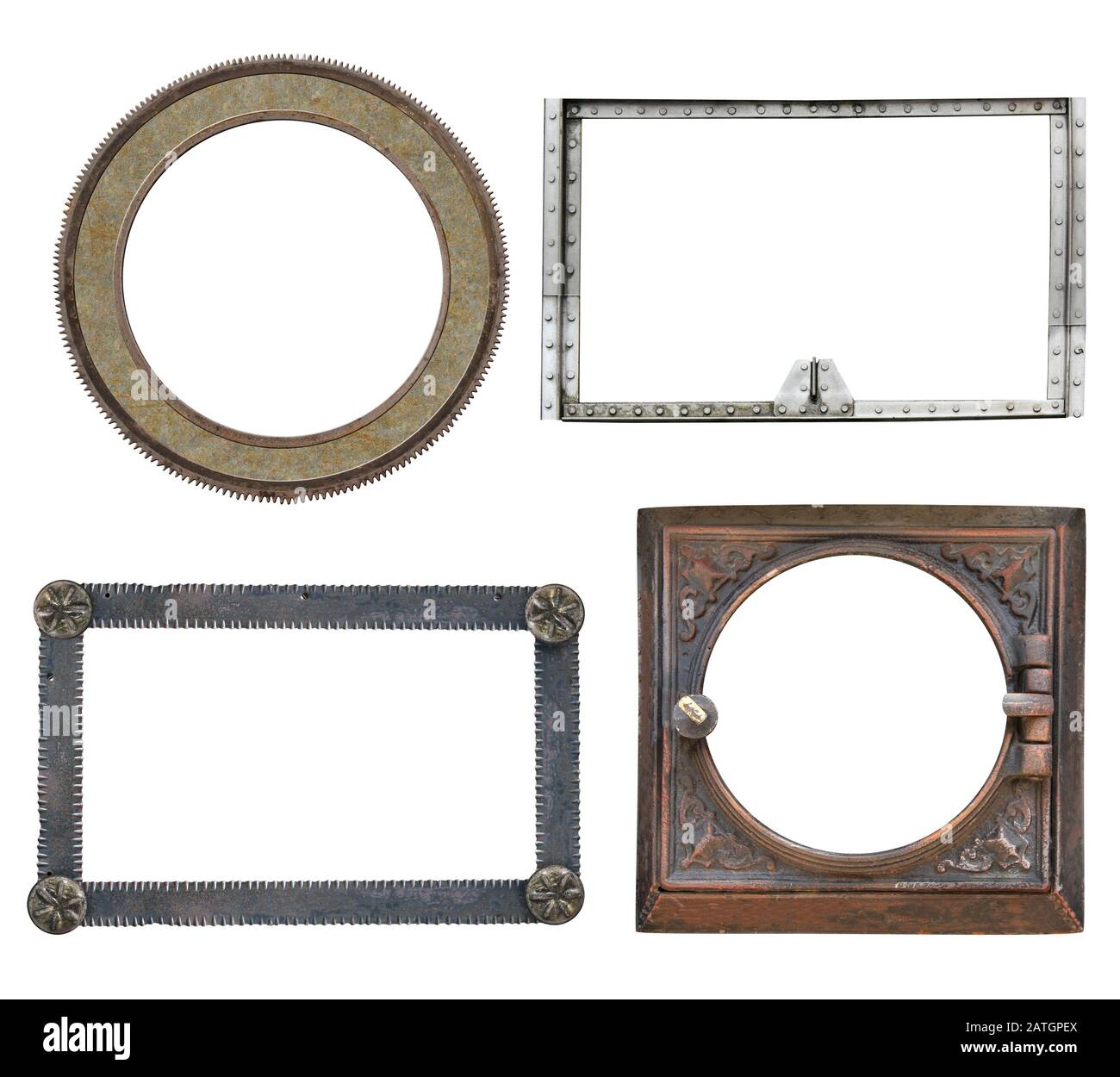 Set of vintage metal frames in steampunk style. Collection of round and square vintage borders. Isolated on white background. Mock up template. Copy s Stock Photo