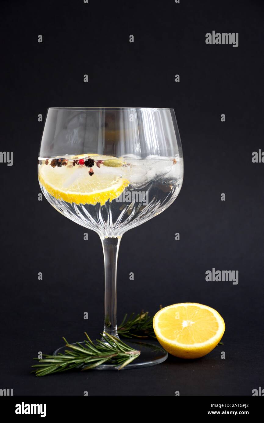 Gin and tonic with lemon and rosemary in crystal glass against the black background Stock Photo