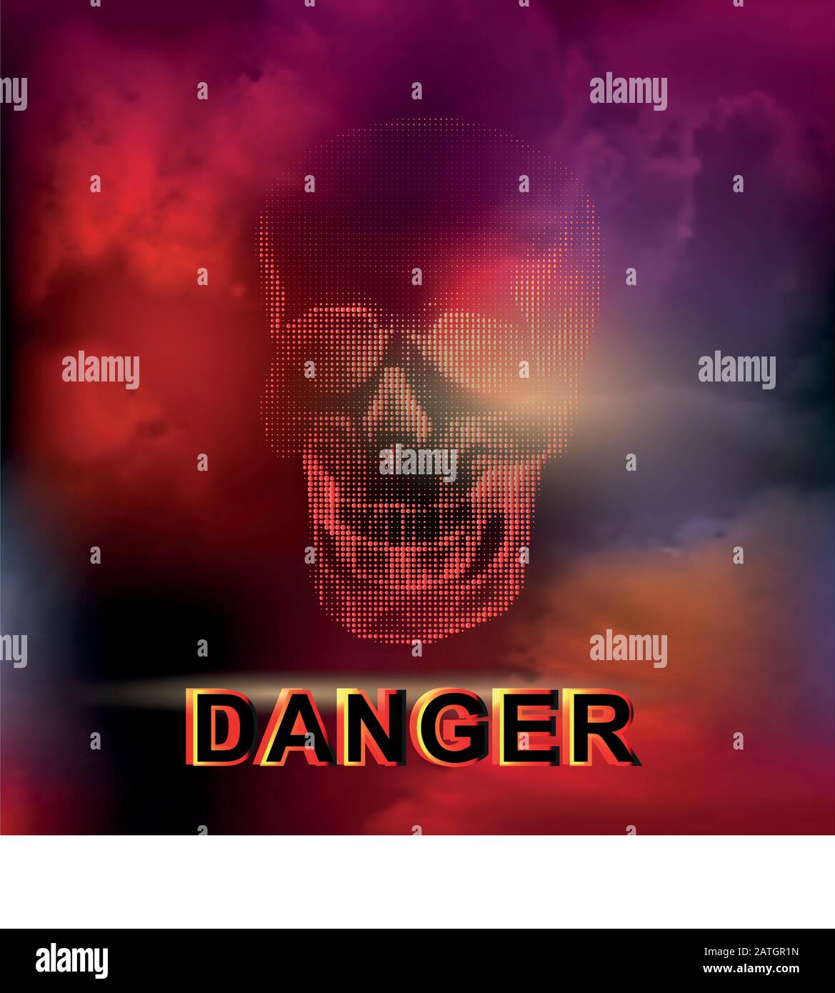 Human skull on danger cloudy sky. Dark red black background. Threat of military conflict Stock Vector
