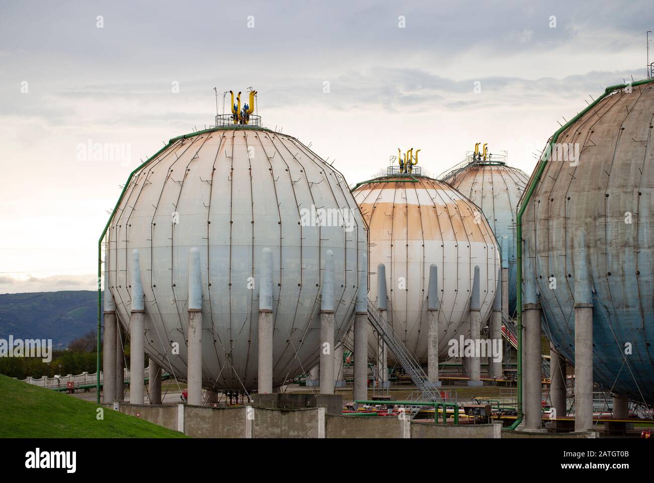 Old gas tanks of spherical form Stock Photo