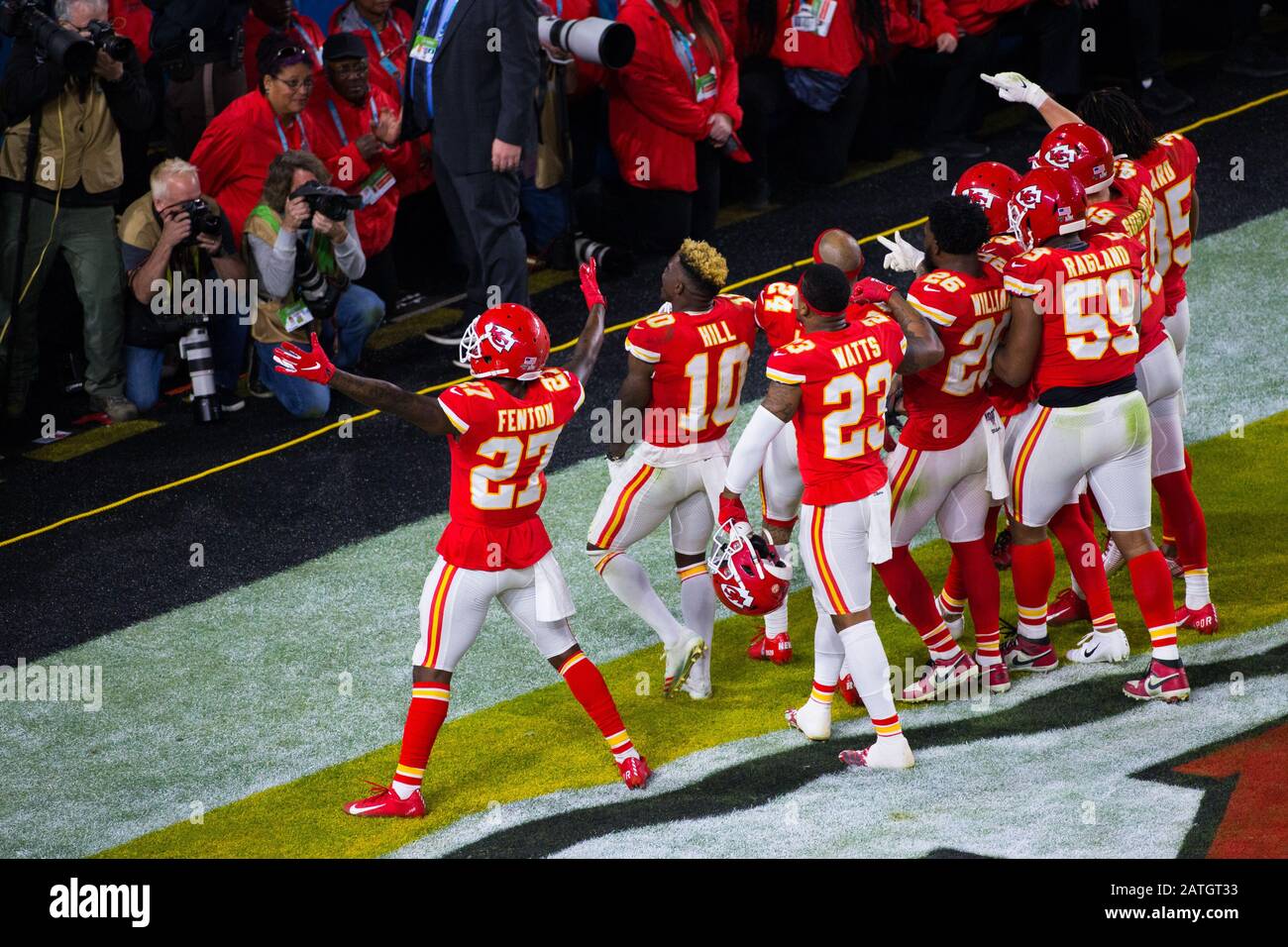 Miami, Florida, USA. 02nd Feb, 2020. Kansas City Chiefs celebrate in the  end zone during the fourth quarter of Super Bowl LIV between the San  Francisco 49ers and the Kansas City Chiefs