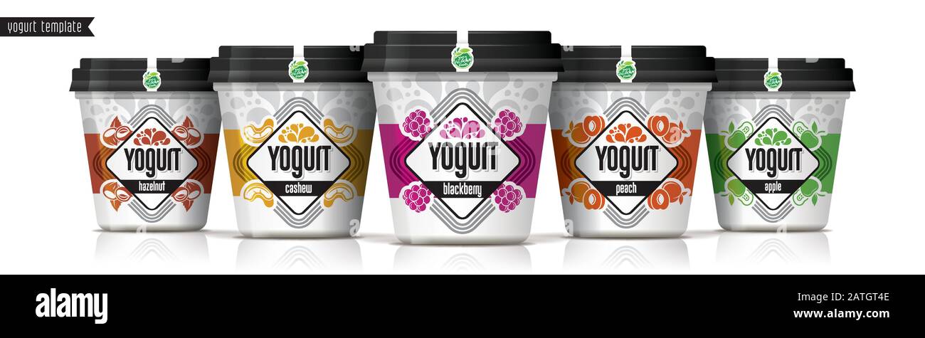 Yogurt vector packaging design. Fruit and nuts yogurt set. Stock Vector