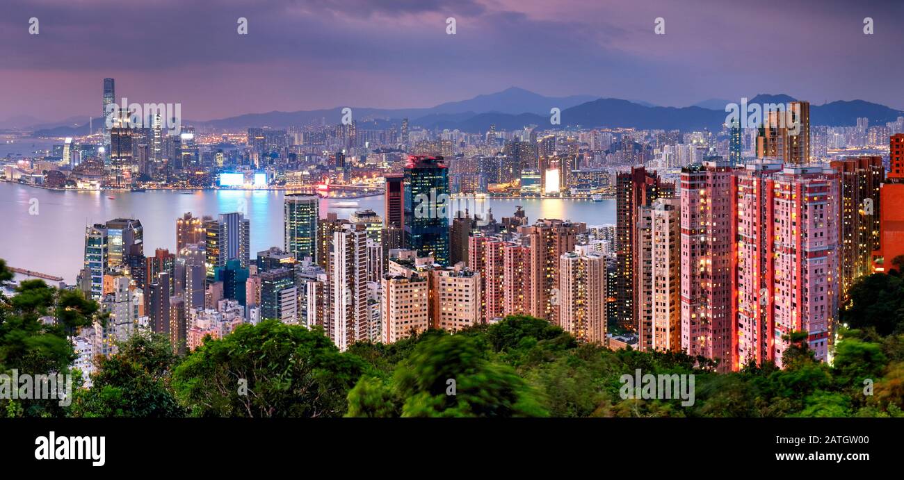 Hong Kong skyline at night, China - Asia Stock Photo