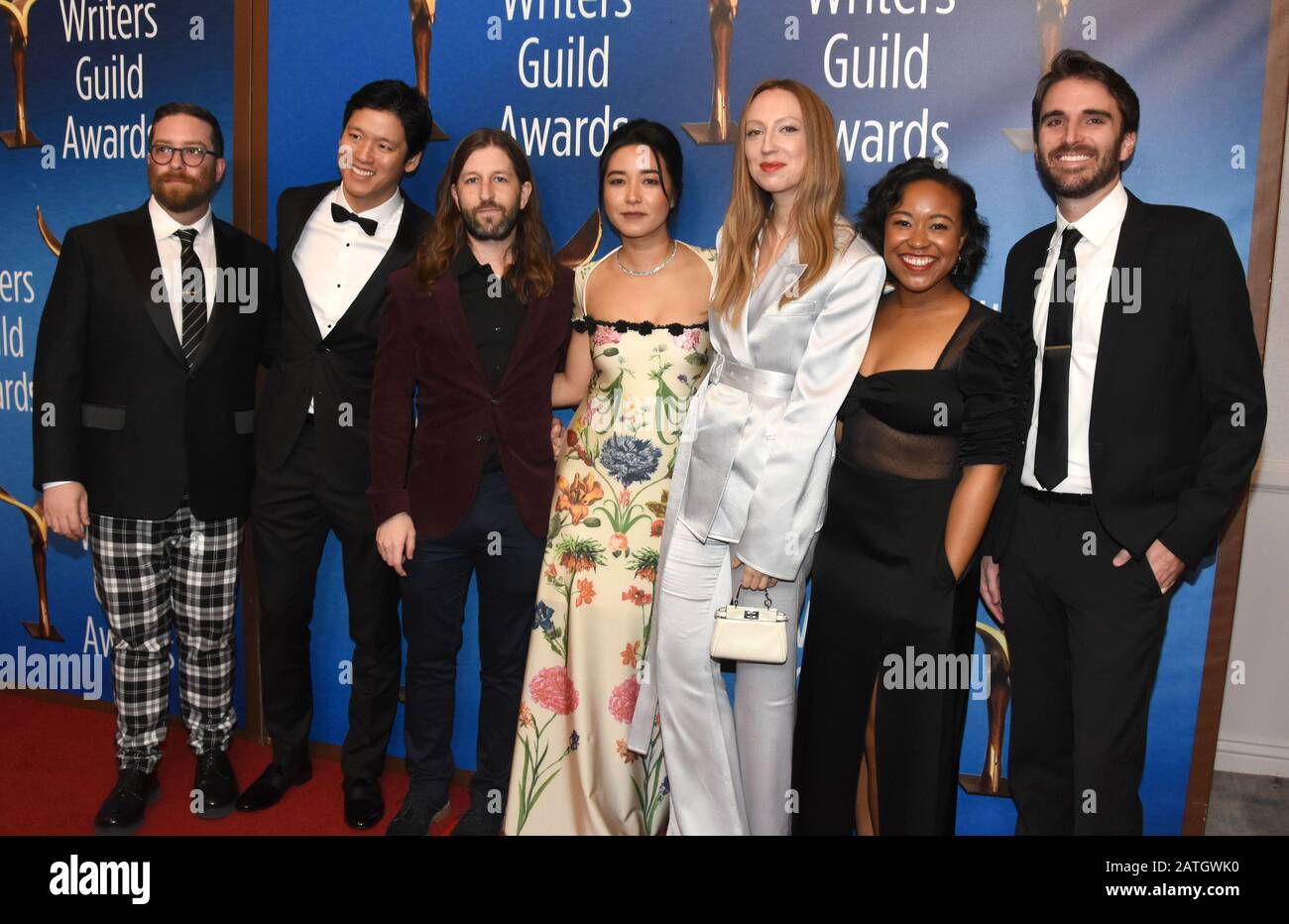 Beverly Hills, California, USA 1st February 2020 (L-R) Writers Akiva Schaffer, Jeff Chan, Sam Zvibleman, Maya Erskine, Anna Konkle, Jessica Watson and Andrew Rhymer attend the 2020 Writers Guild Awards West Coast Ceremony on February 01, 2020 at The Beverly Hilton Hotel in Beverly Hills, California, USA. Photo by Barry King/Alamy Live News Stock Photo