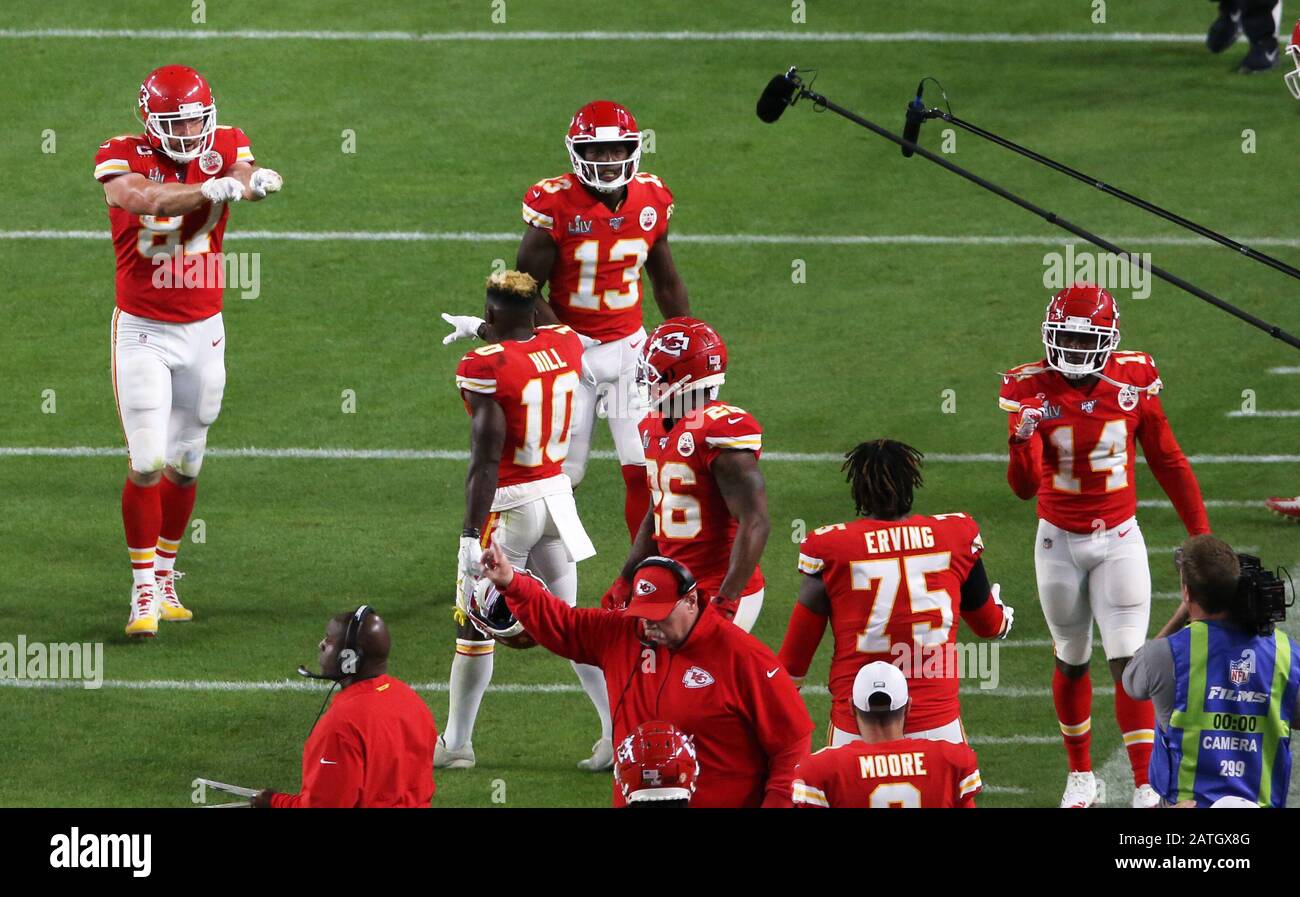 Miami, USA. 2nd Feb, 2020. Kansas City Chiefs' players celebrate touchdown during the NFL Super Bowl LIV football game between Kansas City Chiefs and San Francisco 49ers at Hard Rock Stadium in Miami, the United States, on Feb. 2, 2020. Credit: Qin Lang/Xinhua/Alamy Live News Stock Photo