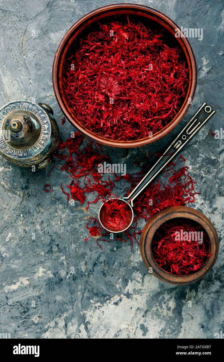 Saffron spice used in food and traditional herbal medicine Stock Photo