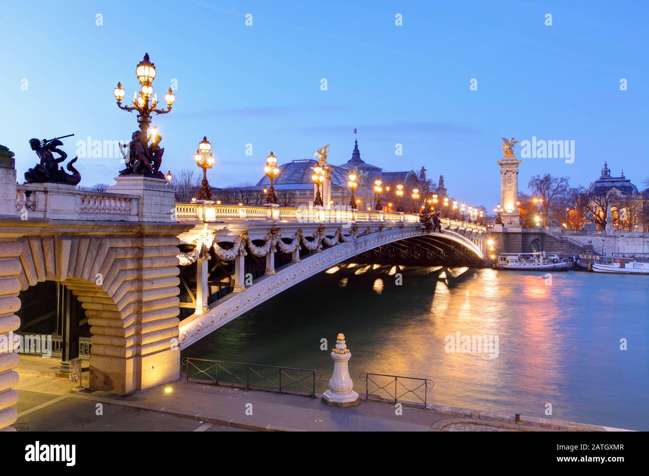 Pont Alexandre III and Grand Palais at dusk, Paris. Stock Photo