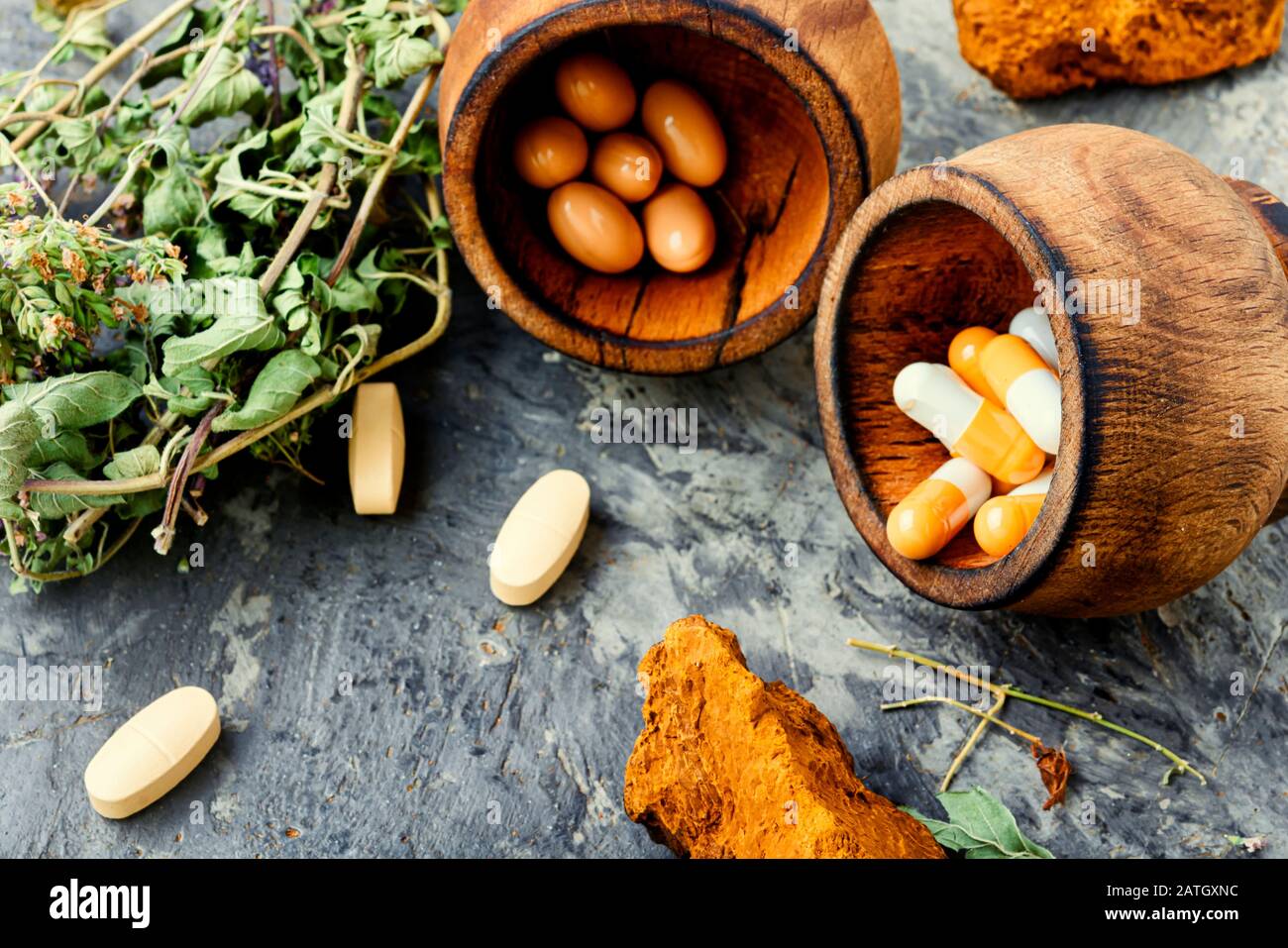Herbal pills with healthy healing plant.Capsule pill with herb Stock Photo