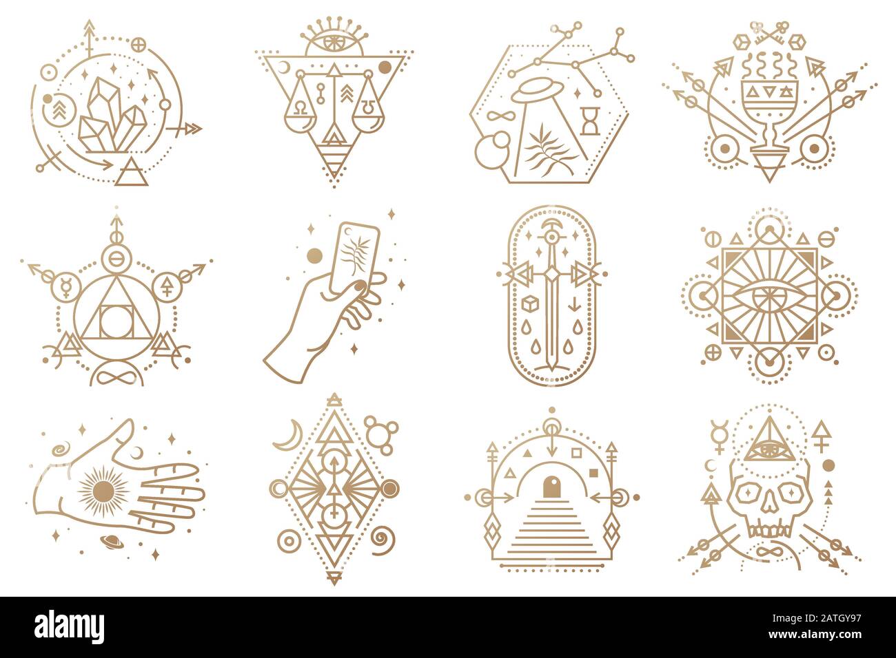 Esoteric symbols. Vector. Thin line geometric badge. Outline icon for alchemy or sacred geometry. Mystic and magic design with crystals, sun, ufo flying, stars, skull, gate to another world and moon. Stock Vector