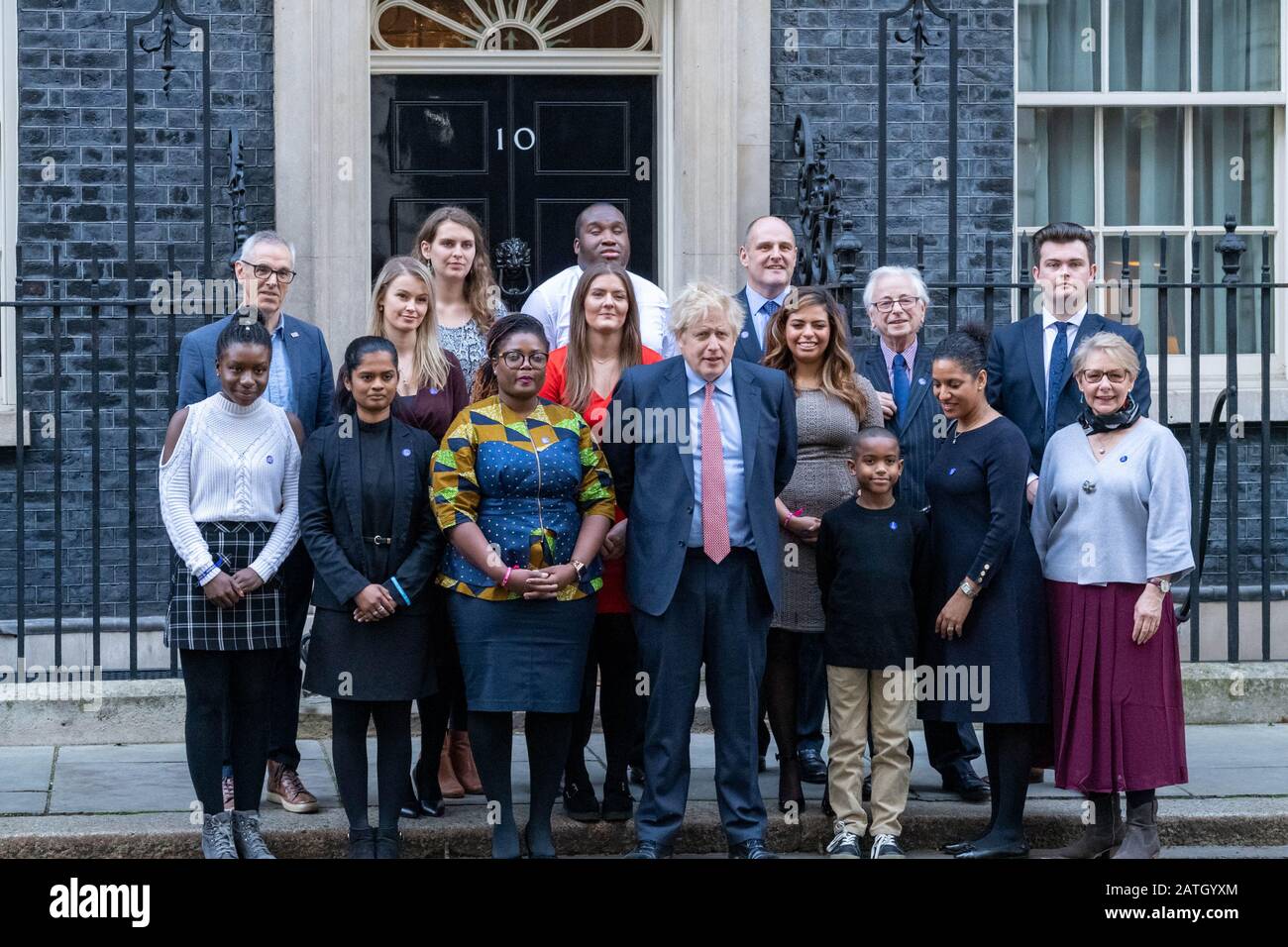 London, UK. 29th Jan, 2020. *Photos EMBARGOED until 11:59pm Monday 3rd February 2020.* Boris Johnson MP PC Prime Minister marks world cancer day with a group of supporters and sufferers from Cancer Research UK outside 10 Downing Street London Credit: Ian Davidson/Alamy Live News Stock Photo