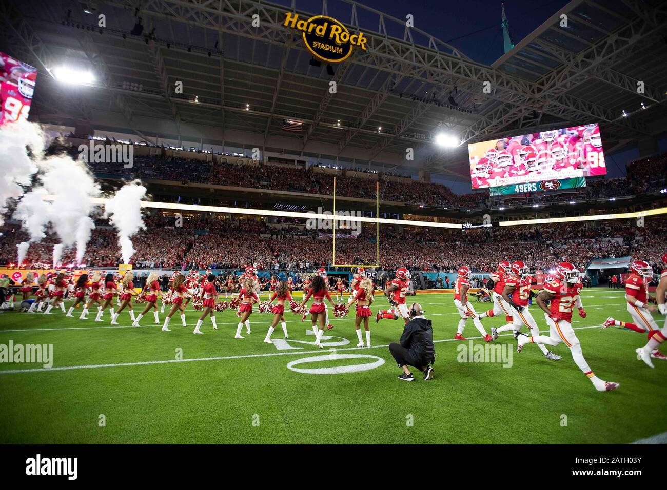 Miami Gardens, Florida, USA. 2nd Feb, 2020. Kansas City Chiefs take the field against the San Francisco 49ers in NFL Super Bowl LIV at Hard Rock Stadium.The Chiefs beat the 49ers 31-20. Credit: Paul Kitagaki Jr./ZUMA Wire/Alamy Live News Stock Photo
