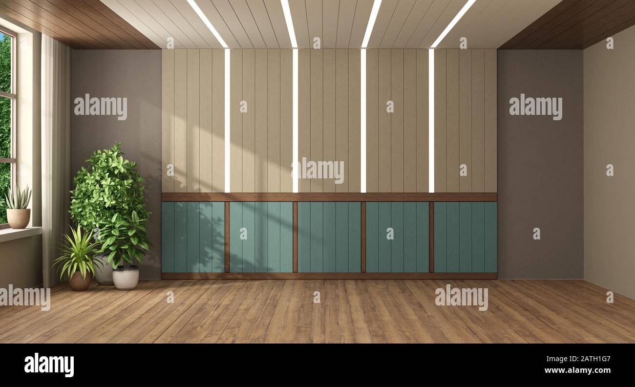 Blue and beige wooden paneling with led light in a empty room - 3d