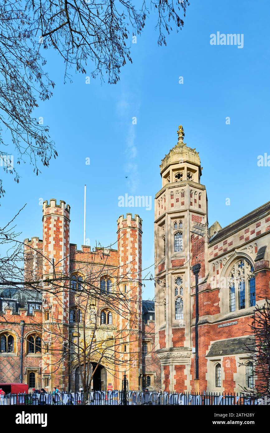 Towers on the frontage of St John's college, university of Cambridge, England, on a sunny winter day. Stock Photo