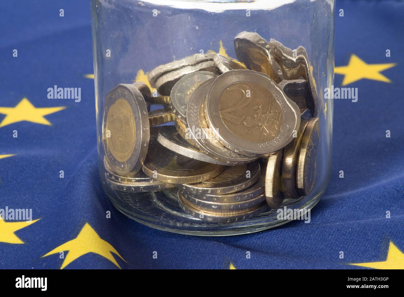 Mason jar, European Union flag and Euro money Stock Photo