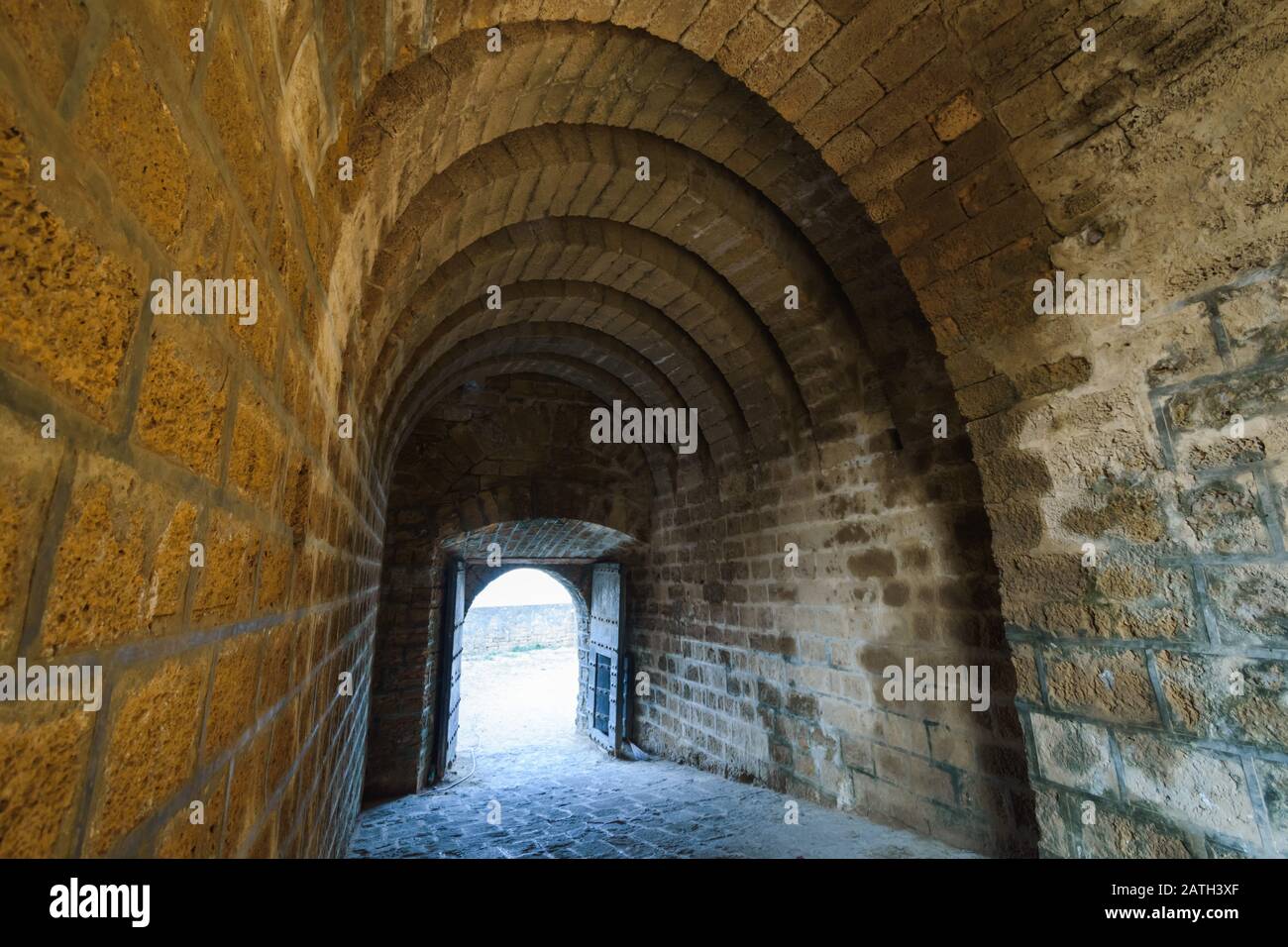 The spiral arches inside the ancient Portuguese built Diu Fort in the island of Diu in India. Stock Photo