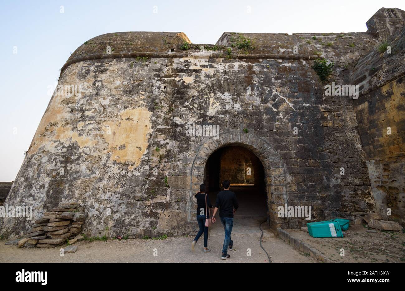 Diu, India - December 2018: The exterior facade of one of the gateways to the ancient Portuguese built fort in the island of Diu. Stock Photo