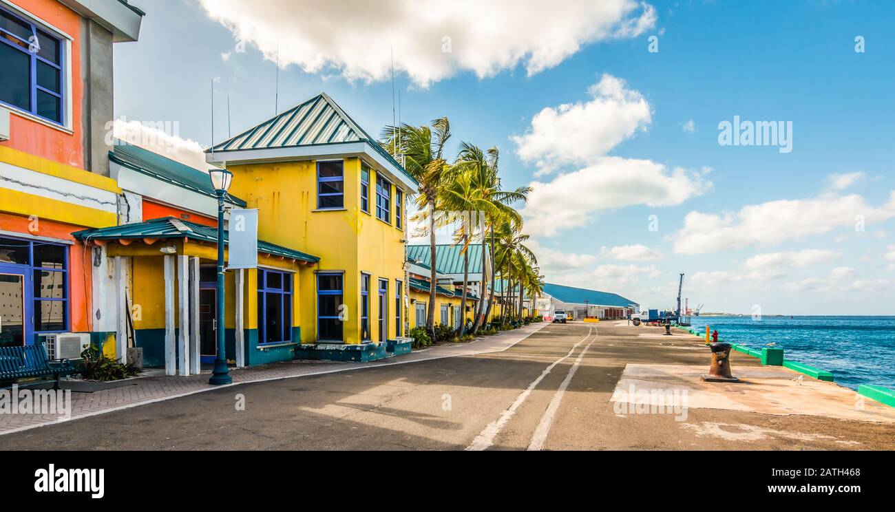 Colorful houses at the cruise terminal and port of Nassau, Bahamas. Stock Photo