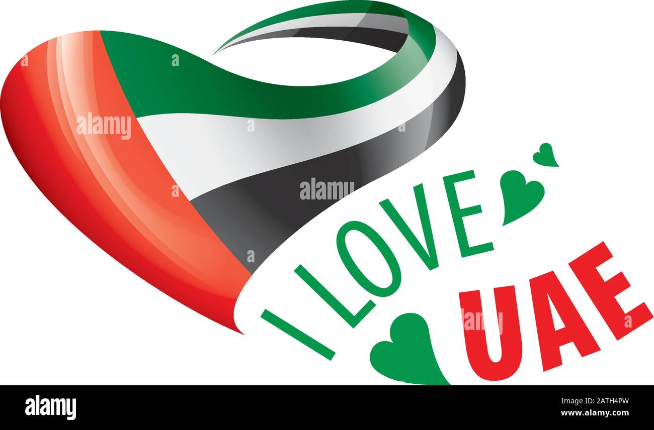 National flag of the United Arab Emirates in the shape of a heart and the inscription I love UAE