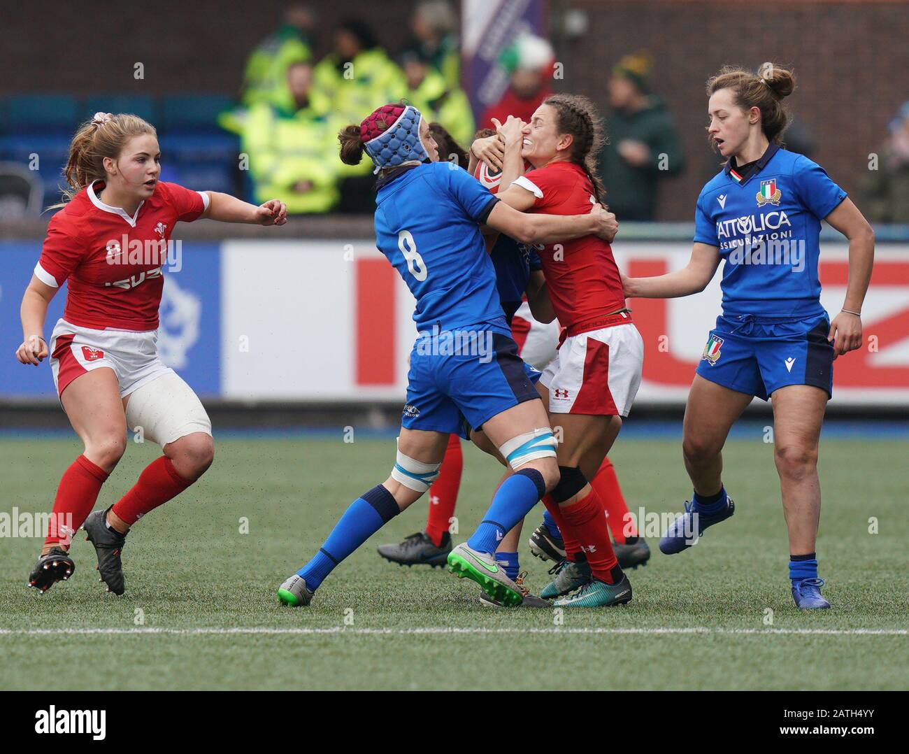 Jasmine Joyce (Wales) tackled by Elisa Giordano during the   Womens Six Nations Rugby at Cardiff Arms Park Cardiff United Kingdom on February 02 2020 Stock Photo