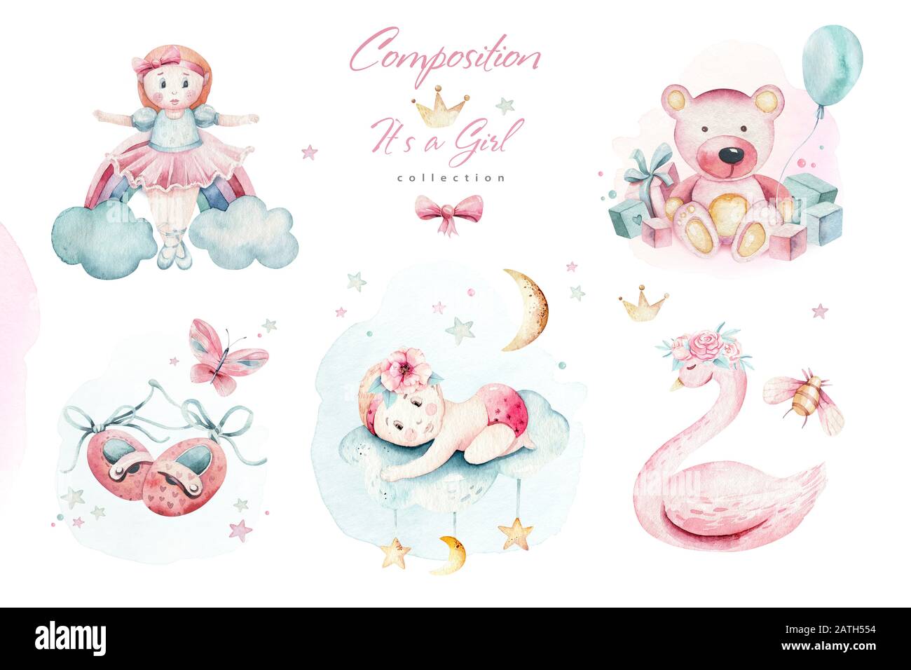 Baby shower kid swan watercolor girl design elements. Set of baby pink birthday illustration. Newborn party invitation Stock Photo