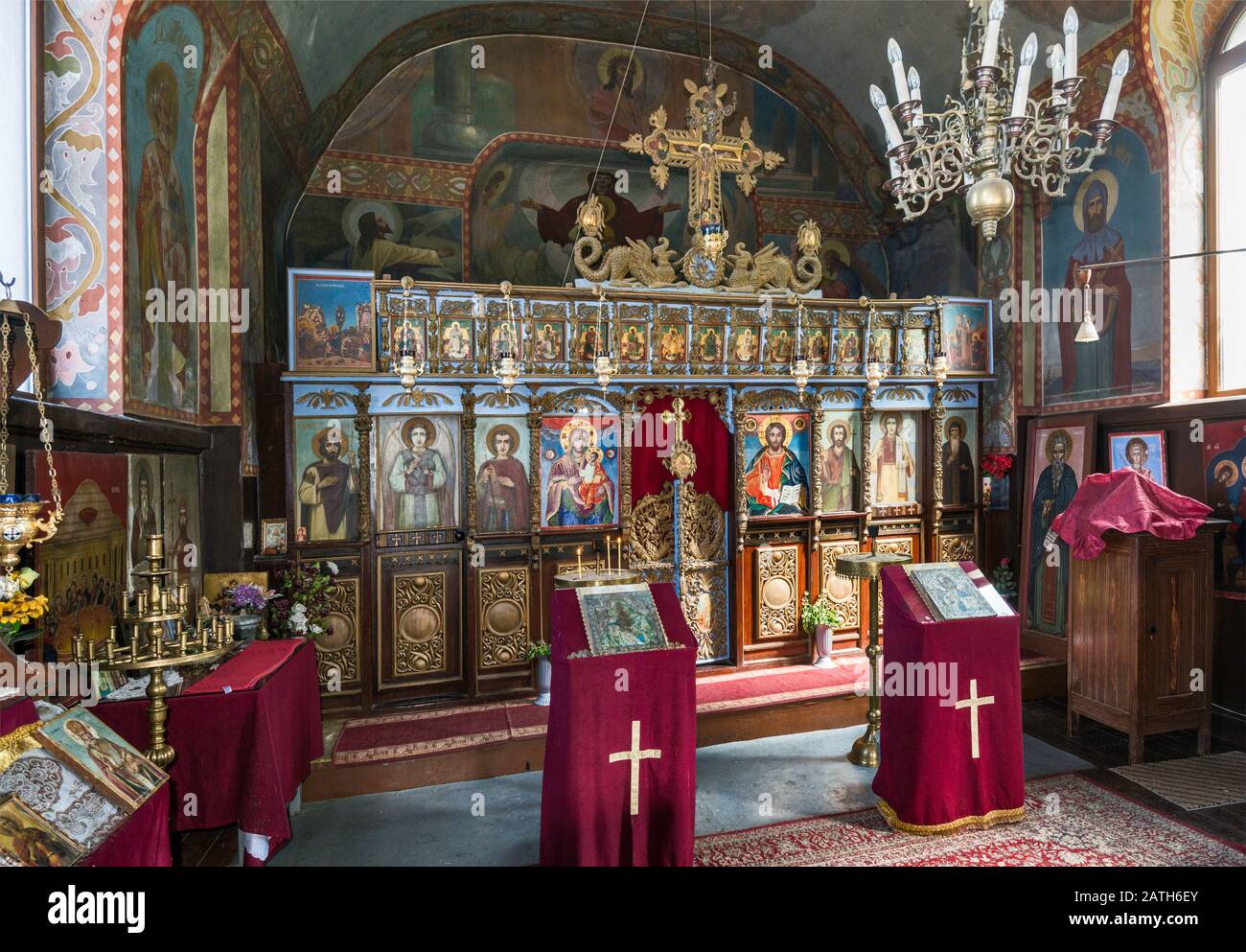 Iconostasis at church in Glozhene Monastery (Glozhenski) in Balkan Mountains near town of Teteven, Bulgaria Stock Photo