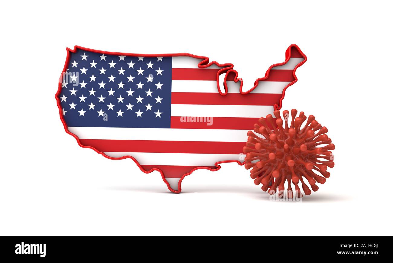 Map of United States of America with a virus microbe. 3D Rendering Stock Photo