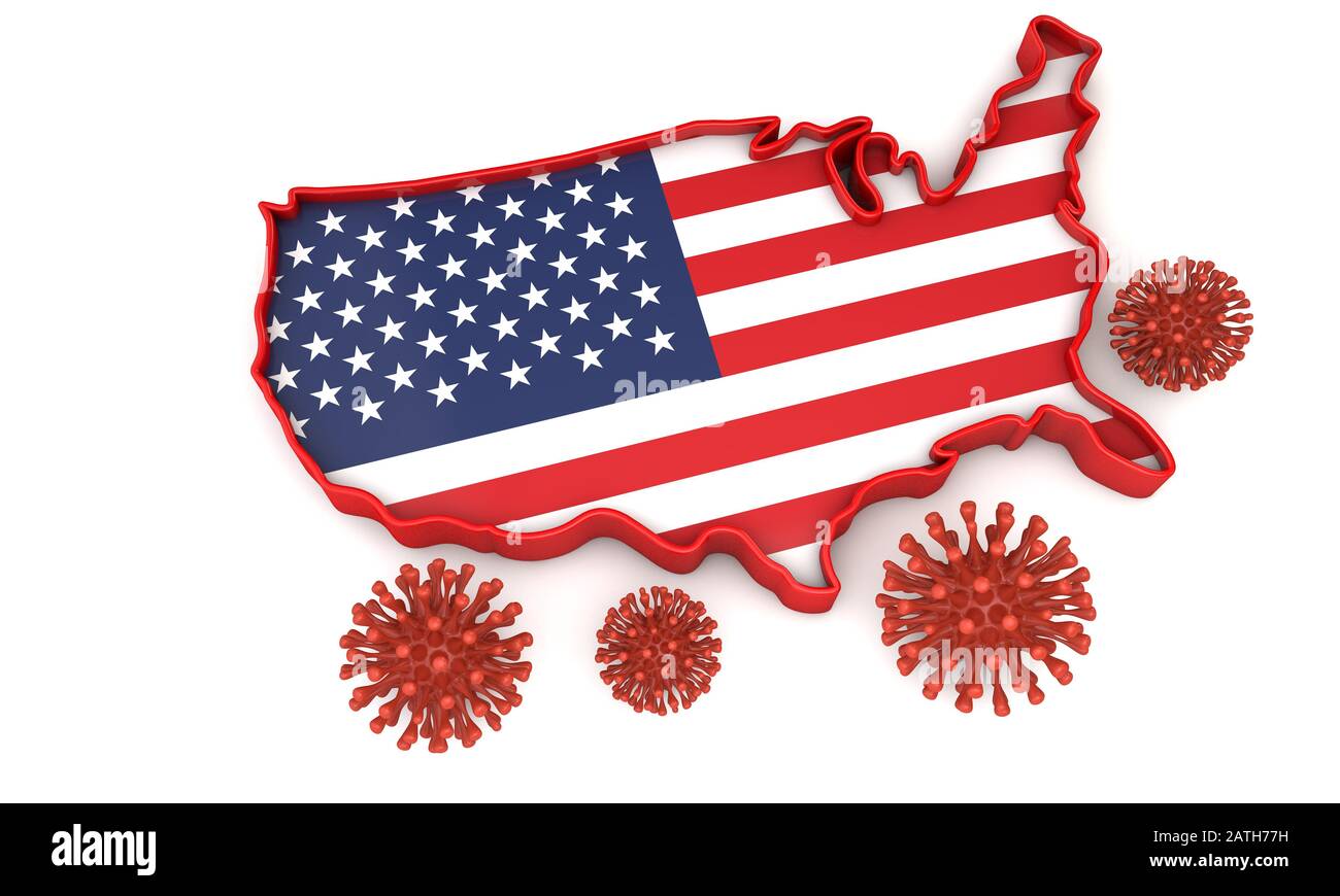 Map of United States of America with a virus microbe. 3D Rendering Stock Photo