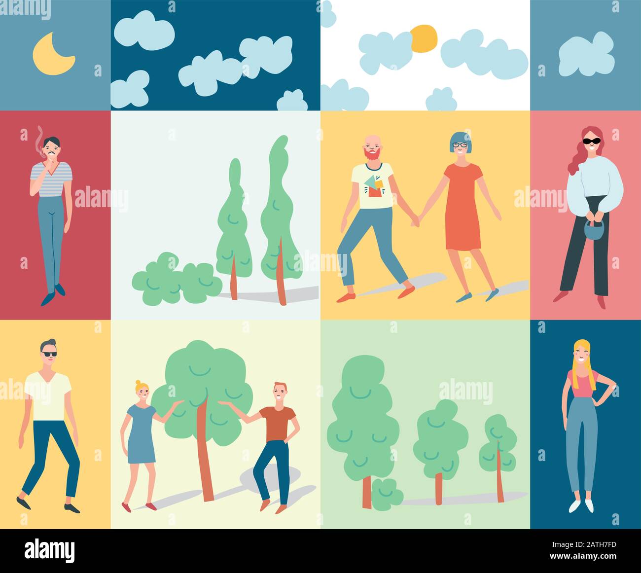 Crowd of female and male cartoon character with trees and clouds. Trendy flat vector illustration walking and standing . Young woman and men character. White background isolated. Stock Vector