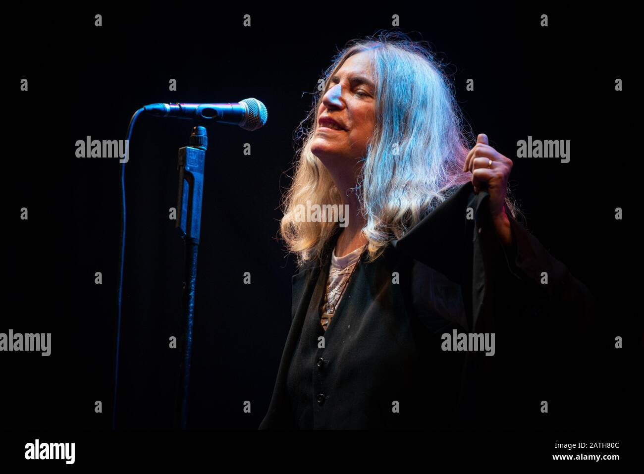 FLOWERS FESTIVAL, TORINO, ITALY - 2015/07/27: The American singer Patricia Lee Smith, better known as Patti Smith, performing live for her “Horses” tour, at the Flowers Festival in Collegno Stock Photo