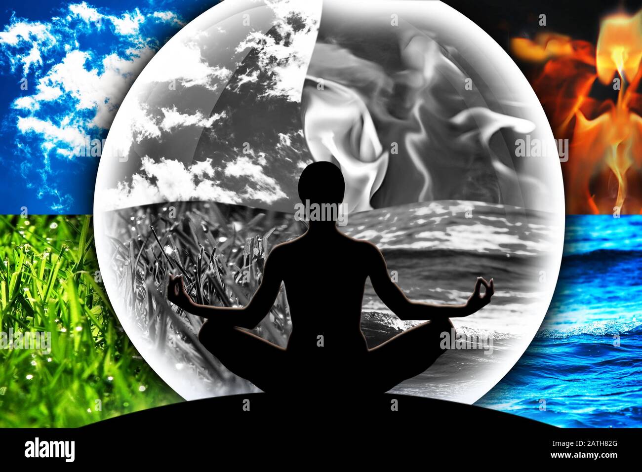 Female yoga figure in a transparent sphere, composed of four natural elements (water, fire, earth, air) in black and white on a background made of col Stock Photo
