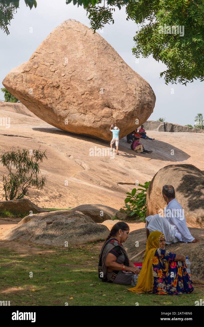 Krishna's Butter Ball in Mamallapuram near Chenai. From a series of travel photos in South India. Photo date: Tuesday, January 7, 2020. Photo: Roger G Stock Photo