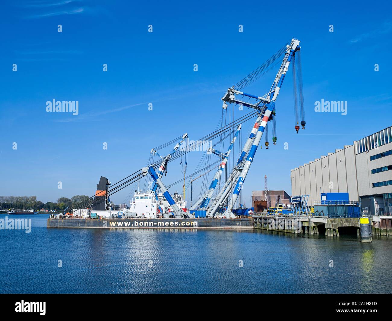 The floating sheerlegs, Matador, Matador 2 and Matador 3 at their home base in the harbour of Rotterdam. Stock Photo