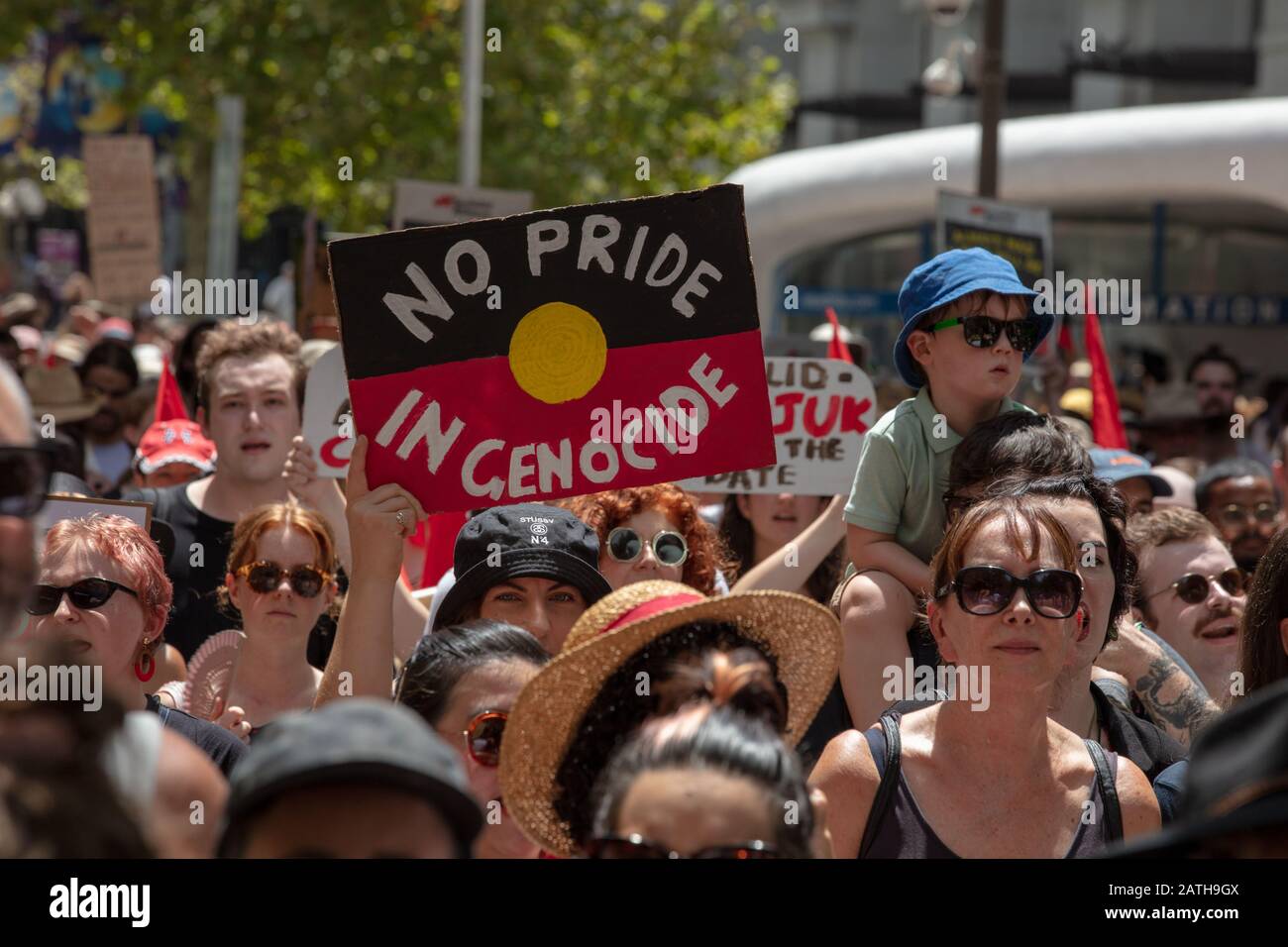 Perth, Australia. 26th January 2020. Invasion Day protests on stage and in the streets of central Perth, remembering the injustices done to the Aboriginals in the past and present. Protesters from all walks of life, demanding the national Australia Day and its celebrations to be scrapped and replaced by Invasion Day and to recognize Aboriginal rights. Credit: Joe Kuis / Alamy News Stock Photo