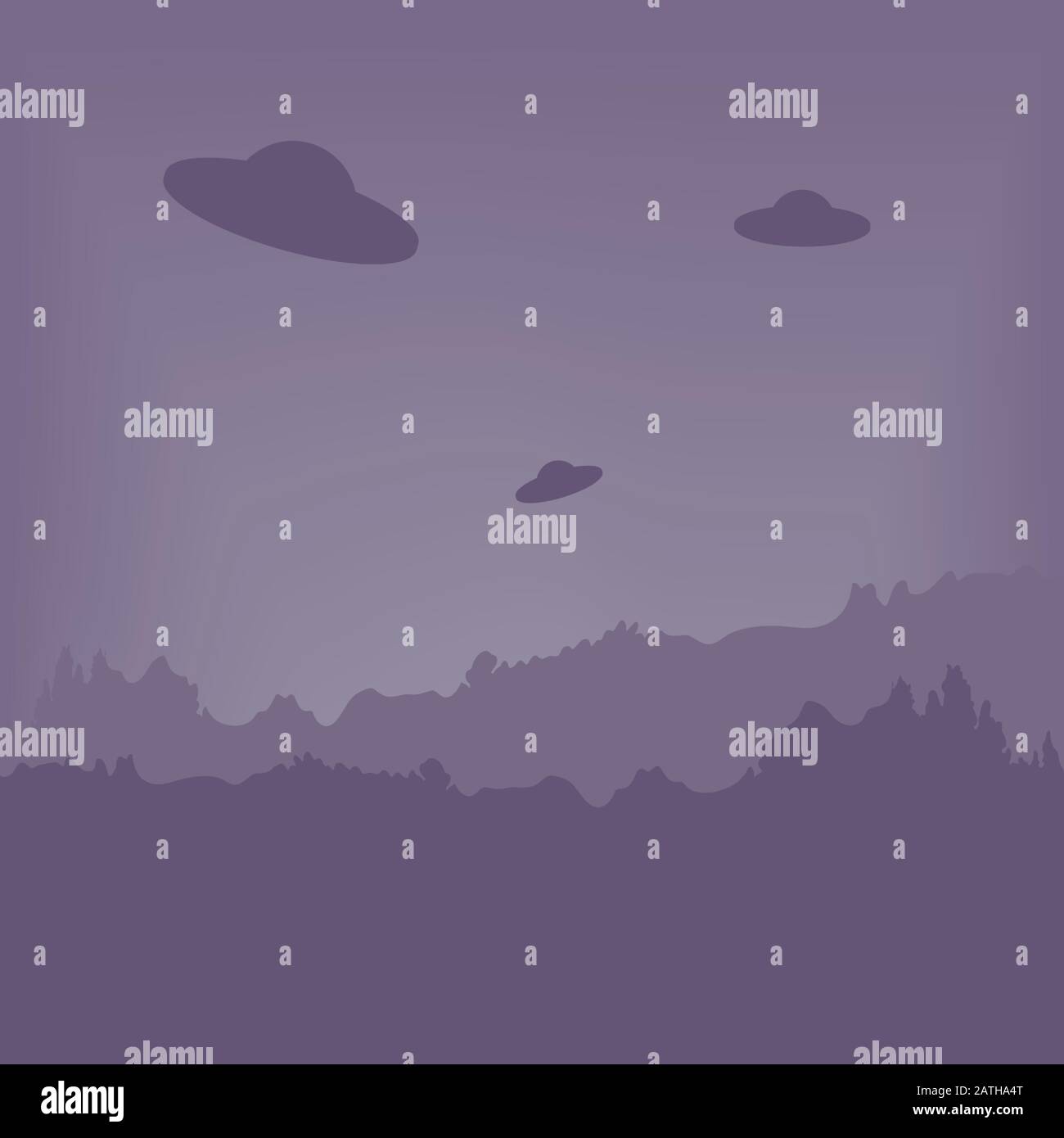 UFO hover in the sky. Twilight over the forest. Vector illustration. Aliens from another planet. Stock Vector