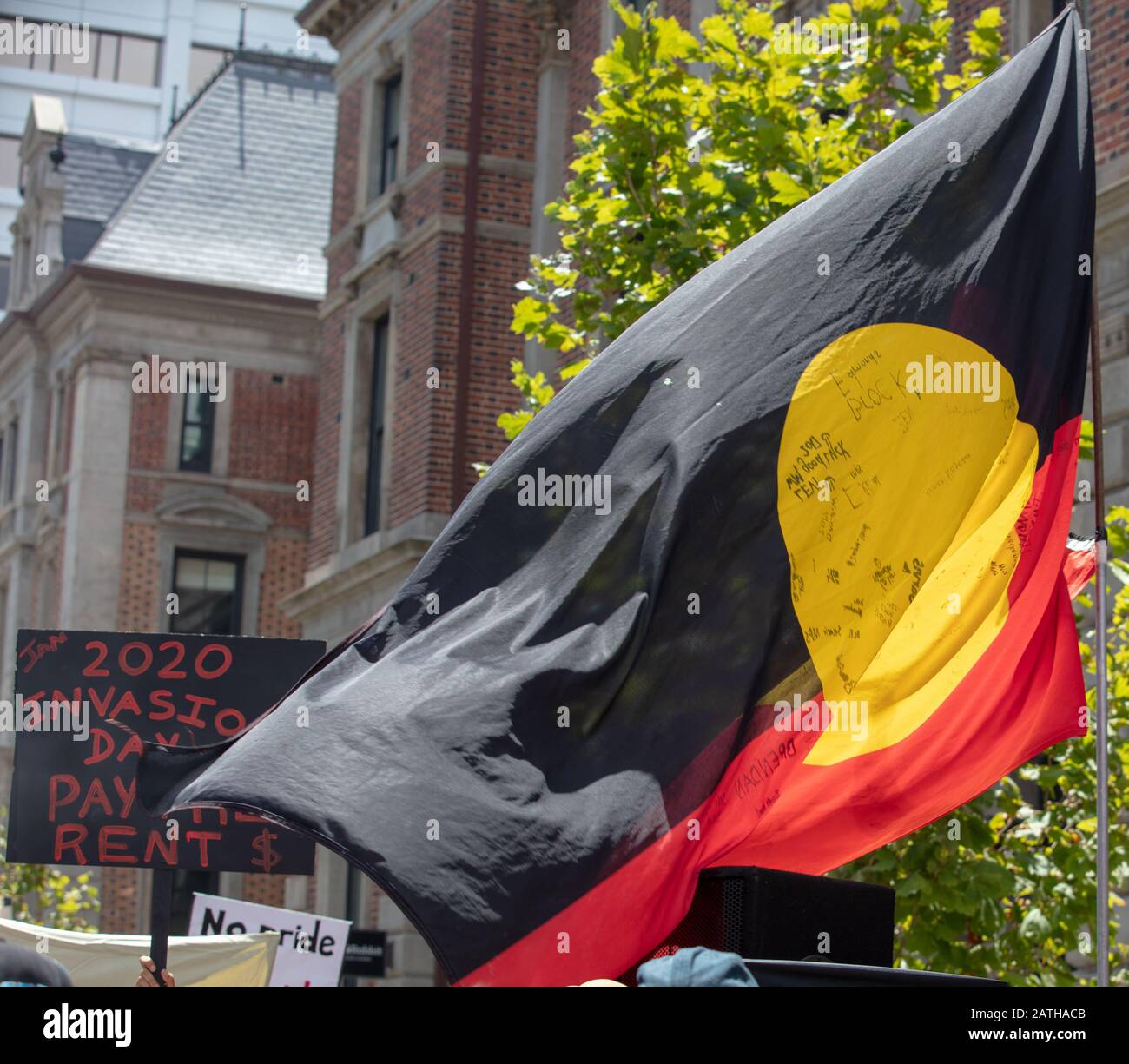 Perth, Australia. 26th January 2020. Invasion Day protests on stage and in the streets of central Perth, remembering the injustices done to the Aboriginals in the past and present. Protesters from all walks of life, demanding the national Australia Day and its celebrations to be scrapped and replaced by Invasion Day and to recognize Aboriginal rights. Credit: Joe Kuis / Alamy News Stock Photo