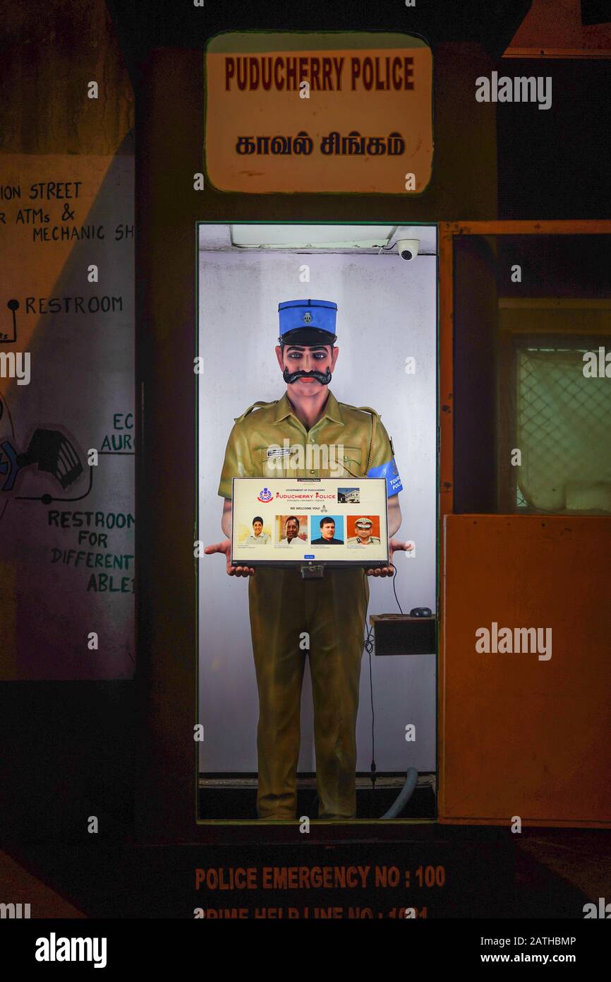 A computerised police information point in Pondicherry. From a series of travel photos in South India. Photo date: Wednesday, January 8, 2020. Photo: Stock Photo