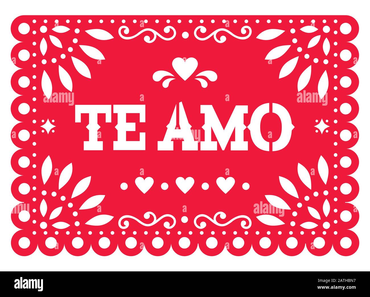 Papel Picado vector design for Valentine's Day, red Te amo (I love you in Spanish) Mexican paper cut out decoration with flowers and geometric shapes Stock Vector